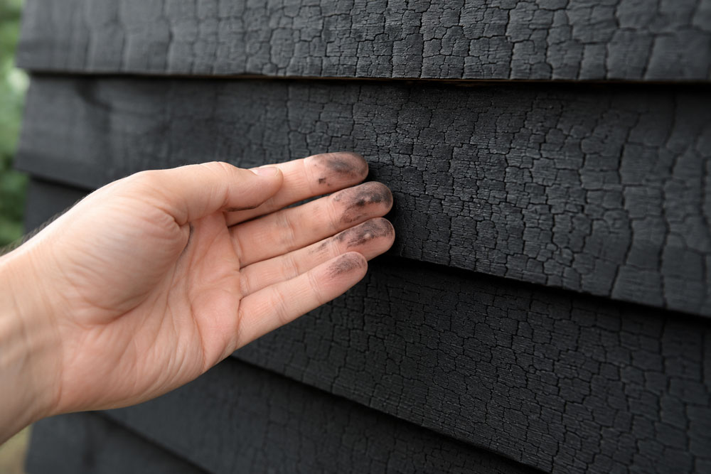 Freshly charred timber showing its rich black carbon surface