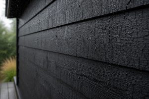 Charred wood cladding after natural weathering with a stable, durable finish