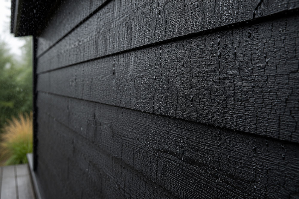Charred wood cladding after natural weathering with a stable, durable finish